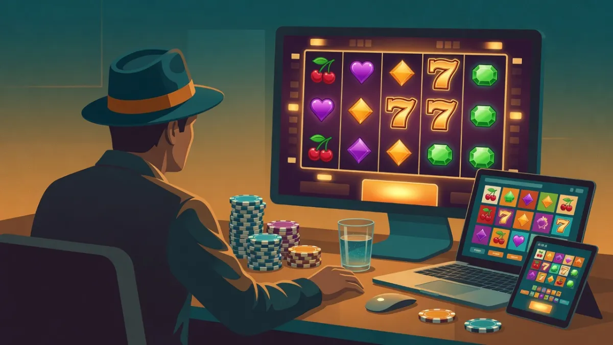 Illustration of a man in a fedora playing a slot game on a monitor, with poker chips, a laptop and a tablet on the desk